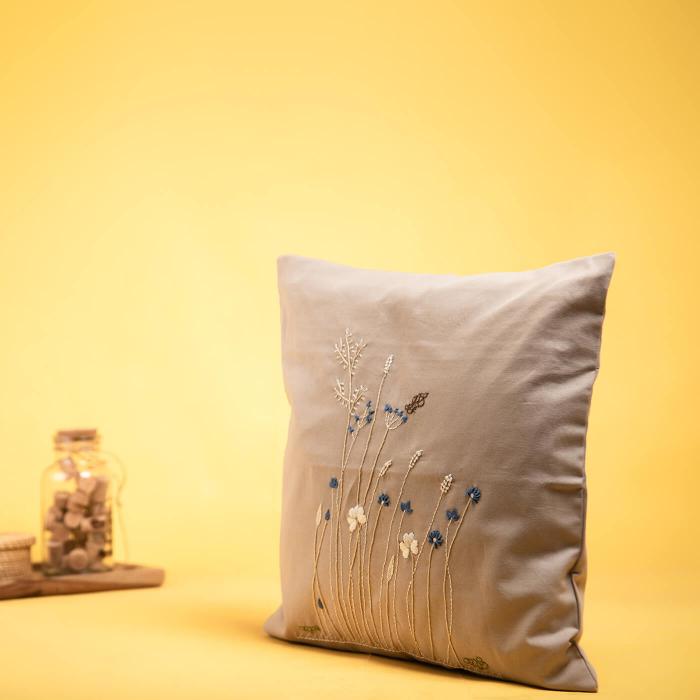 Grey Hand-embroidered Floral Cushion Cover - 40 x 40 cm