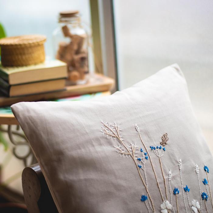 Grey Hand-embroidered Floral Cushion Cover - 40 x 40 cm