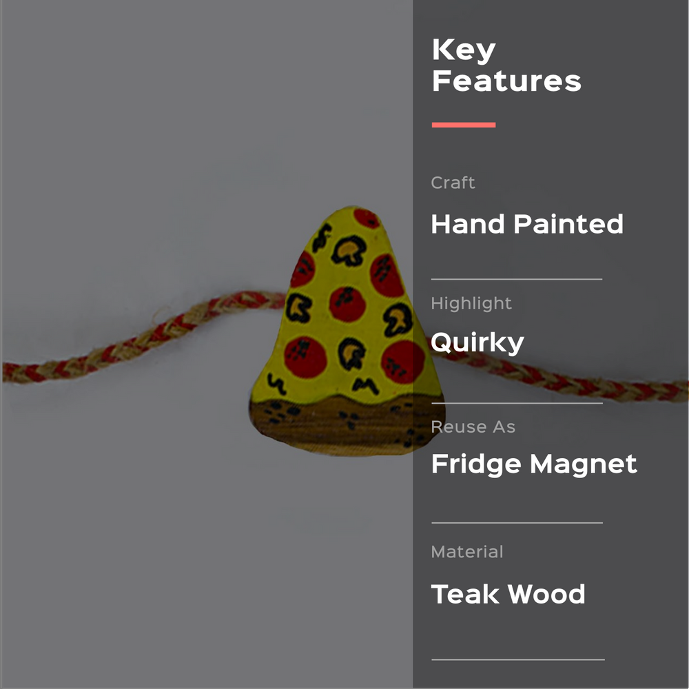 Handpainted Wooden Rakhi Pizza - Product Feature Text Overlay