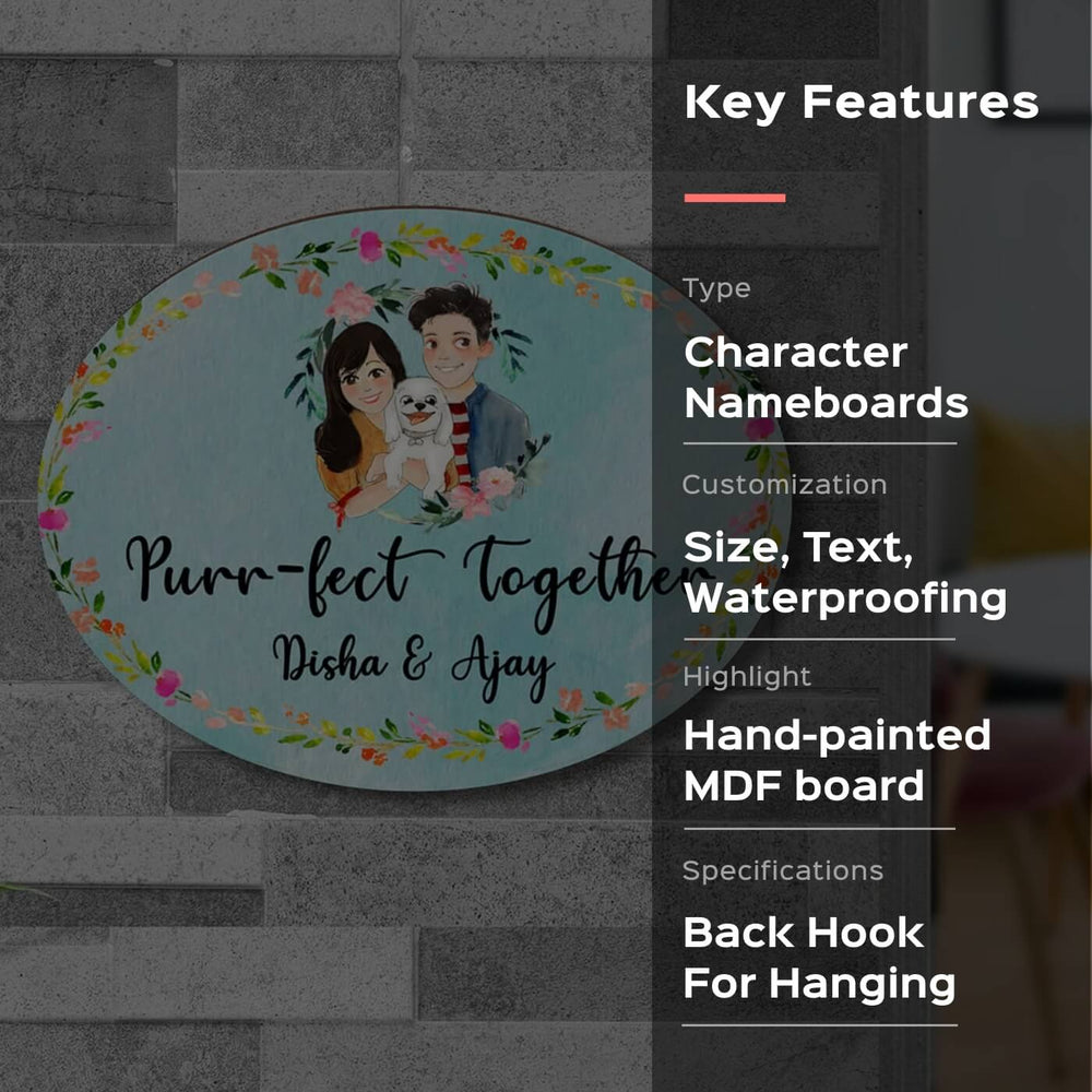 Oval Hand Painted Character Name Plate Couple With Pet - Front View Hanging on Wall