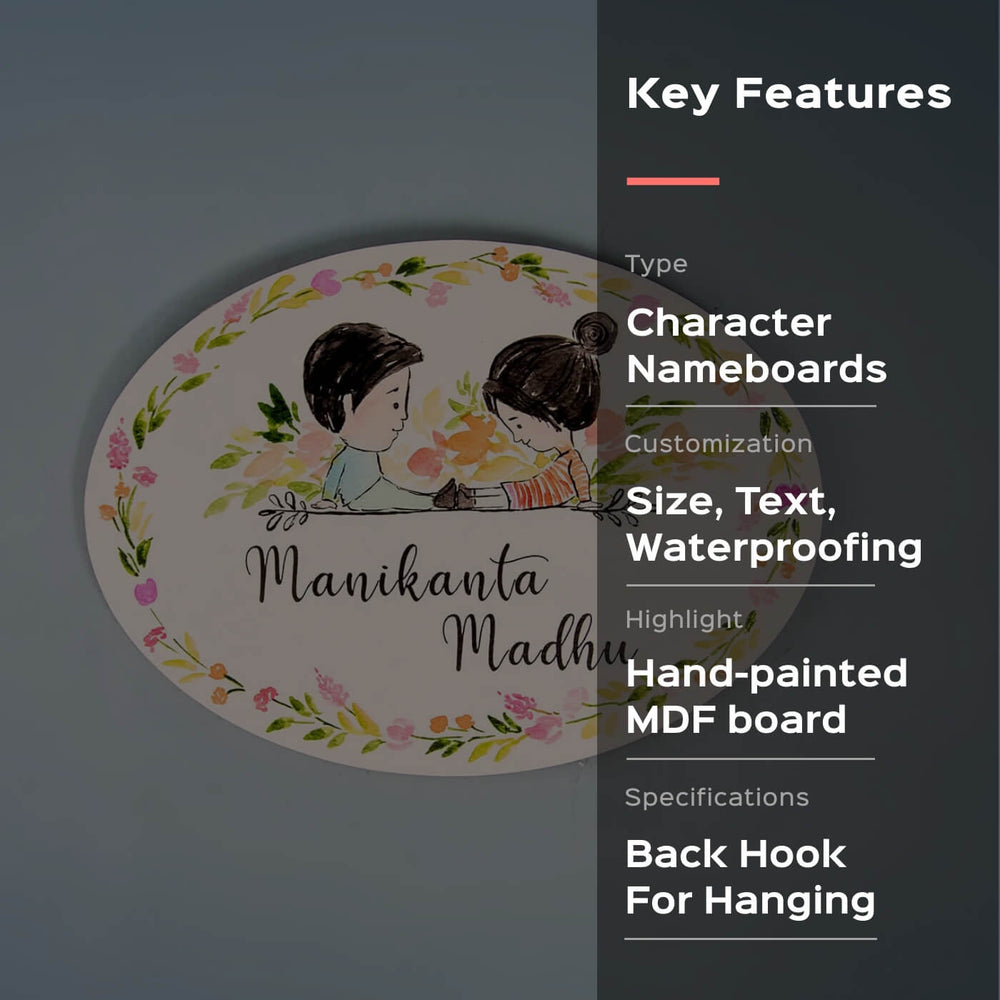 Oval Hand Painted Character Name Plate For Couple - Front View with Name Personalization