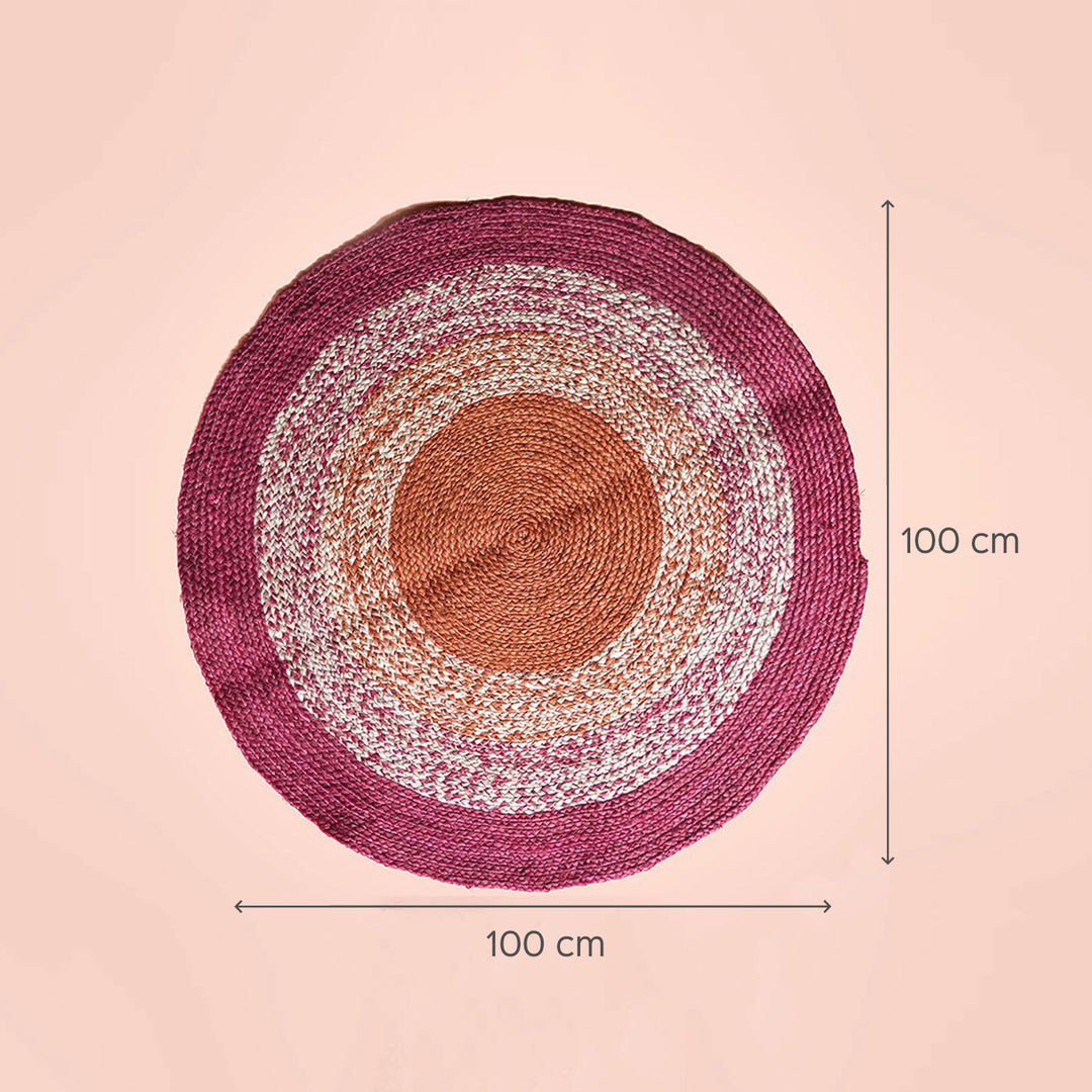 Naturally Dyed Round Jute Carpet - Multicolour & Red