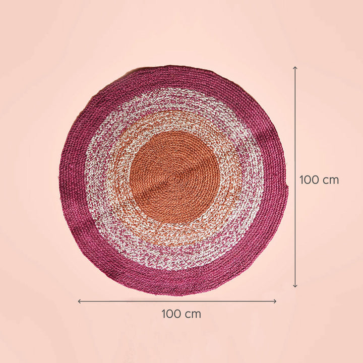 Naturally Dyed Round Jute Carpet - Multicolour & Red