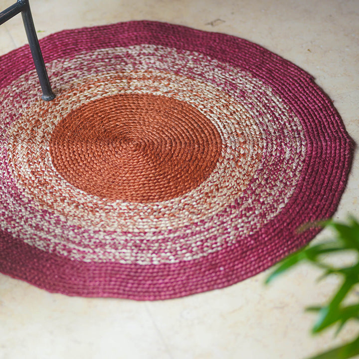 Naturally Dyed Round Jute Carpet - Multicolour & Red