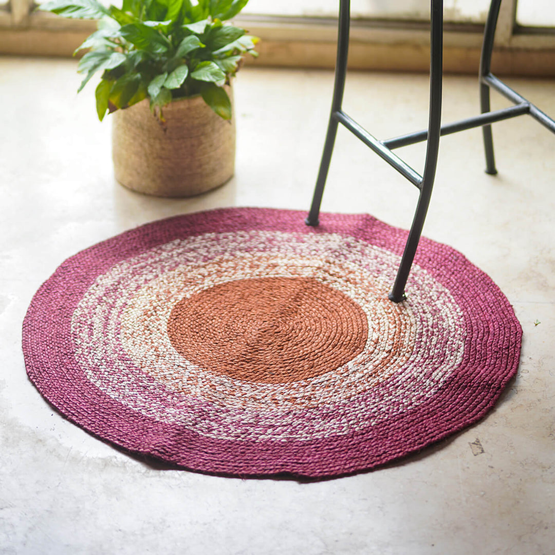 Naturally Dyed Round Jute Carpet - Multicolour & Red