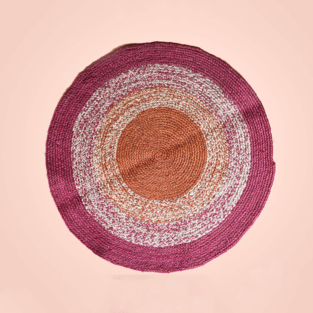 Naturally Dyed Round Jute Carpet - Multicolour & Red