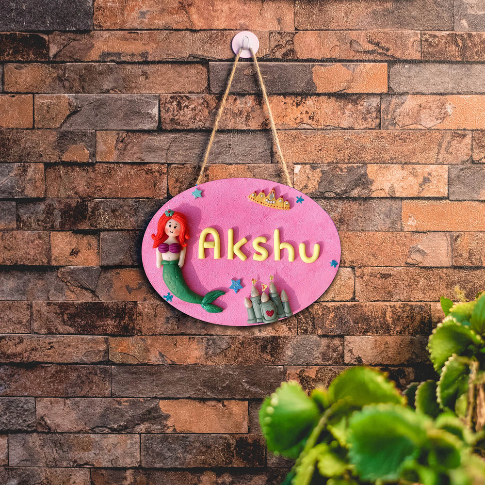 Mermaid Theme Clay Kids Name Plate - Hanging on Hook Against Wall