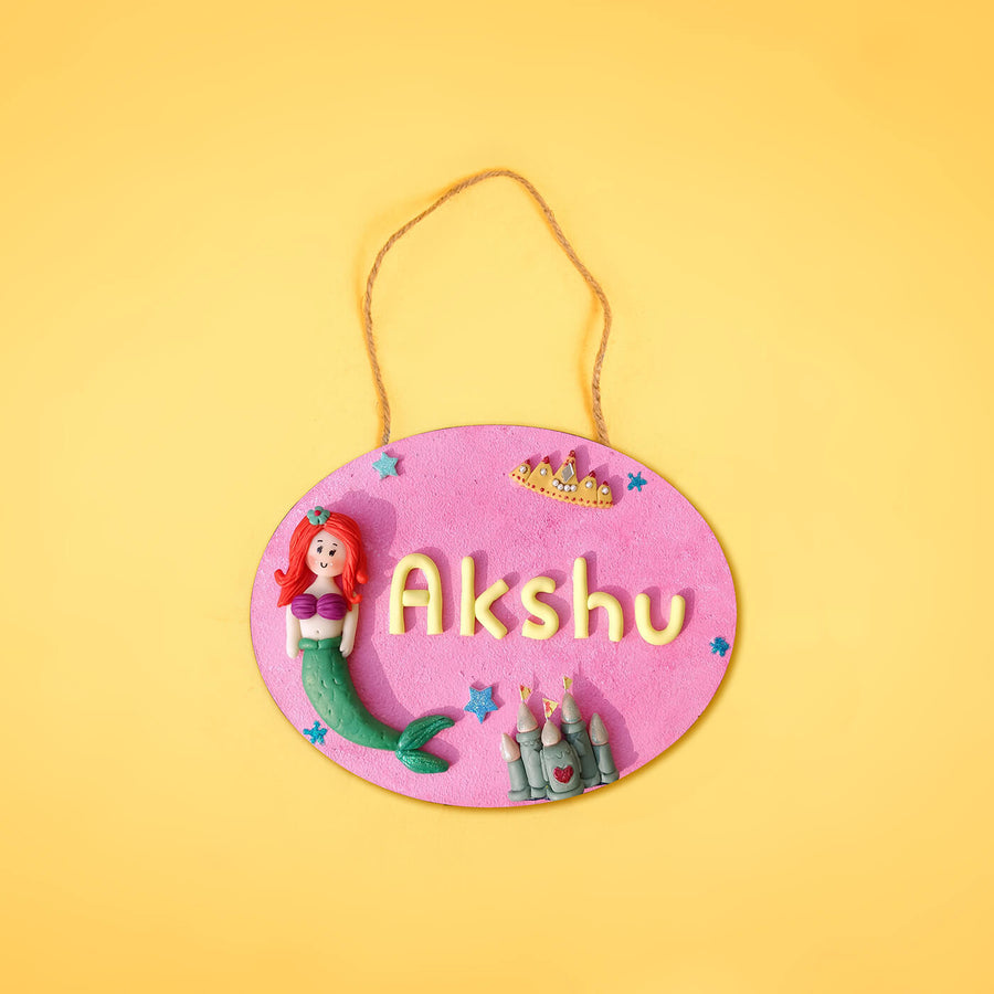 Mermaid Theme Clay Kids Name Plate - Front View with Name Personalization