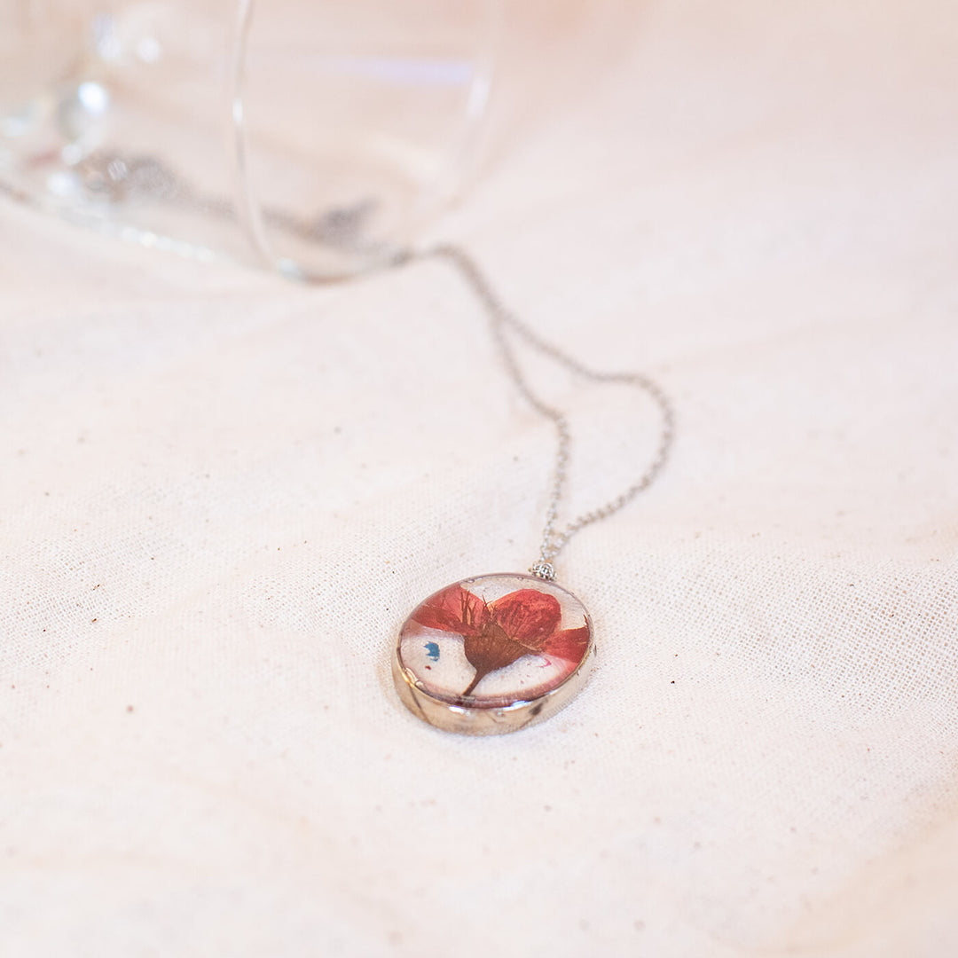 Silver Oval Necklace with Cherry Flower
