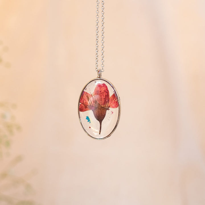 Silver Oval Necklace with Cherry Flower