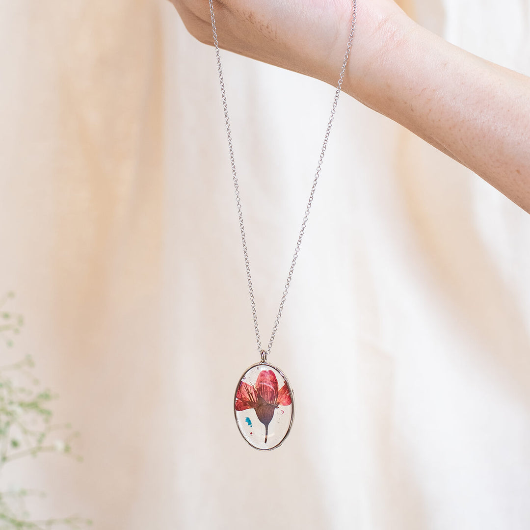 Silver Oval Necklace with Cherry Flower