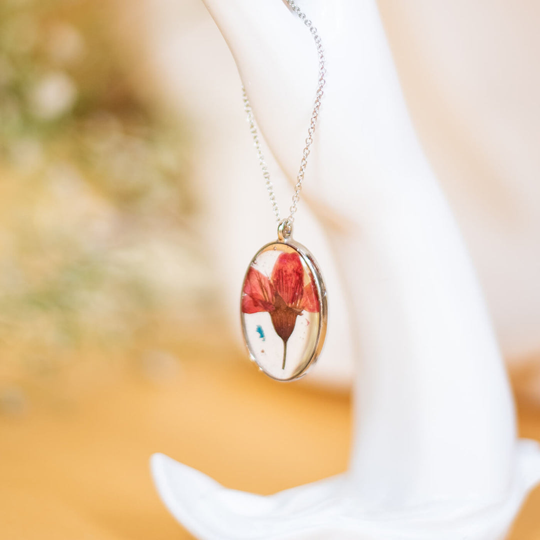 Silver Oval Necklace with Cherry Flower