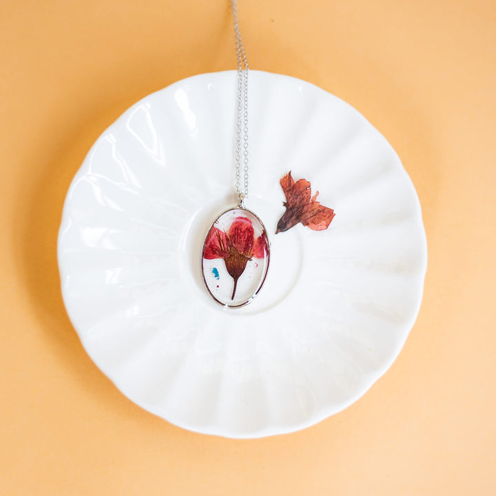 Silver Oval Necklace with Cherry Flower