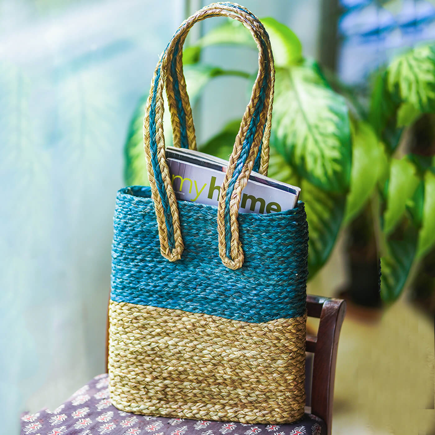 Handwoven Indigo Sabai Shopper's Bag Small