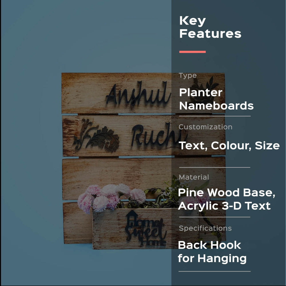 Rustic Wooden Planter Name Plate Two Names - Front View with Text Personalization