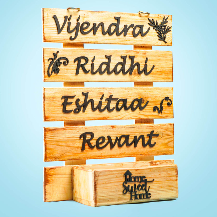 Rustic Wooden Planter Name Plate For Family - Front View of Personalized Plaque