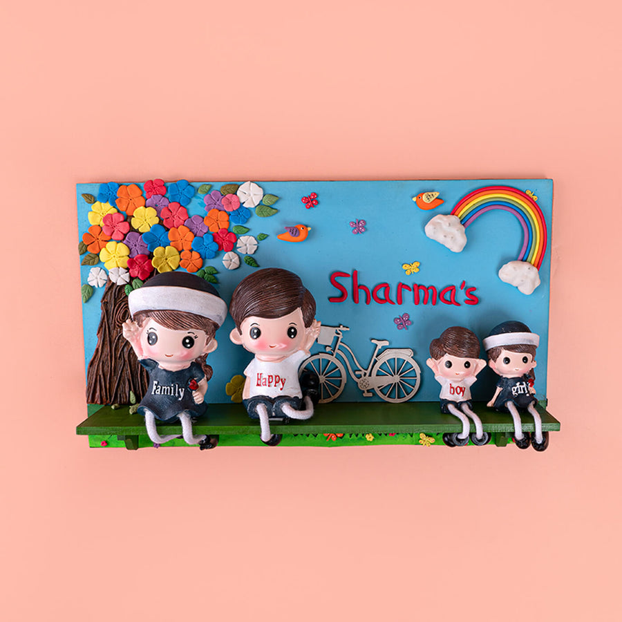 Customised Hanging Clay Dolls Family Name Plate - Front View with Family Figurines