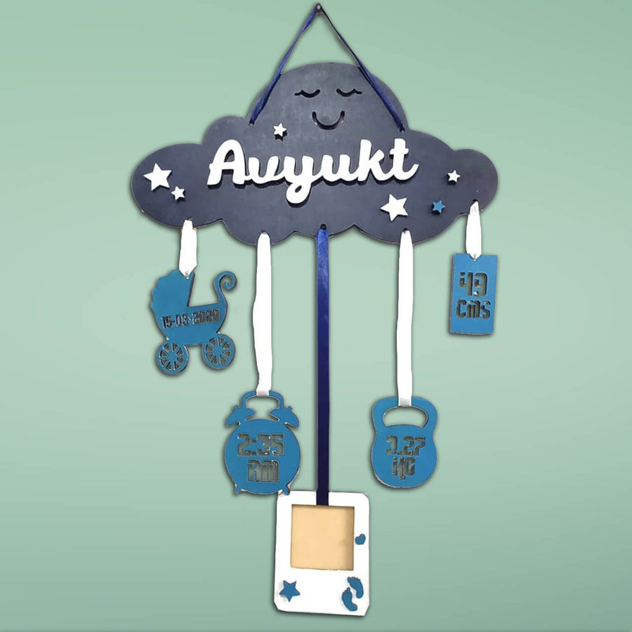 Baby Details Cloud Name Plate - Hanging Wall Display with Personalization