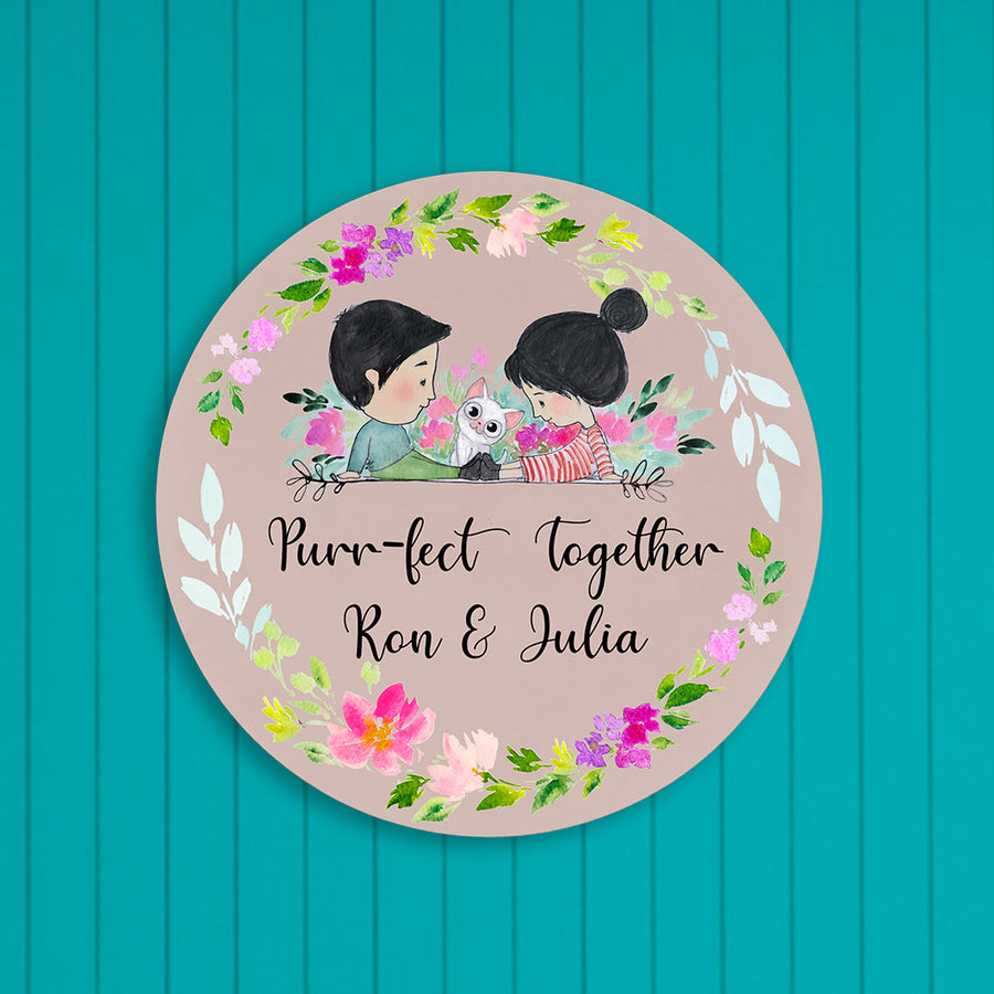 Round Hand Painted Character Name Plate With Pets 2 - Front View with Name Personalization
