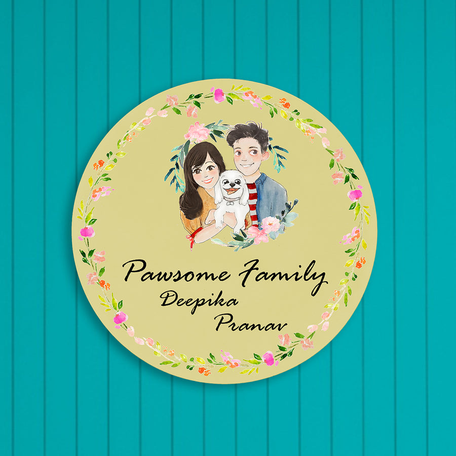 Round Hand Painted Character Name Plate With Pets 1 - Front View with Personalized Illustration