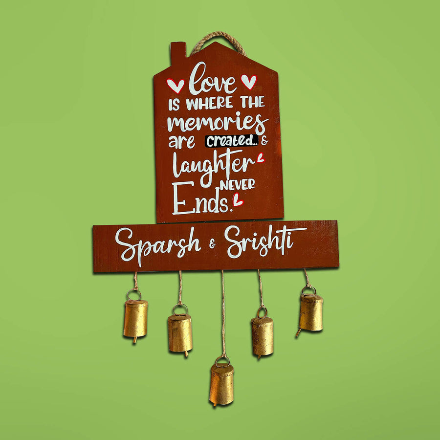 House Sign Name Plate For Couples - Front View Hanging with Bells