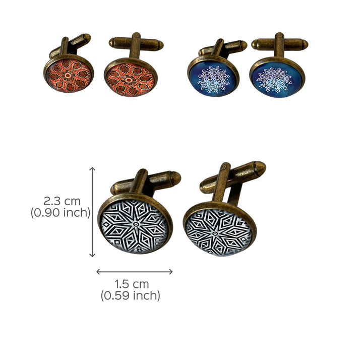 Rajasthani Art Metal Cuff Links With Antique Finish - Blue Pottery