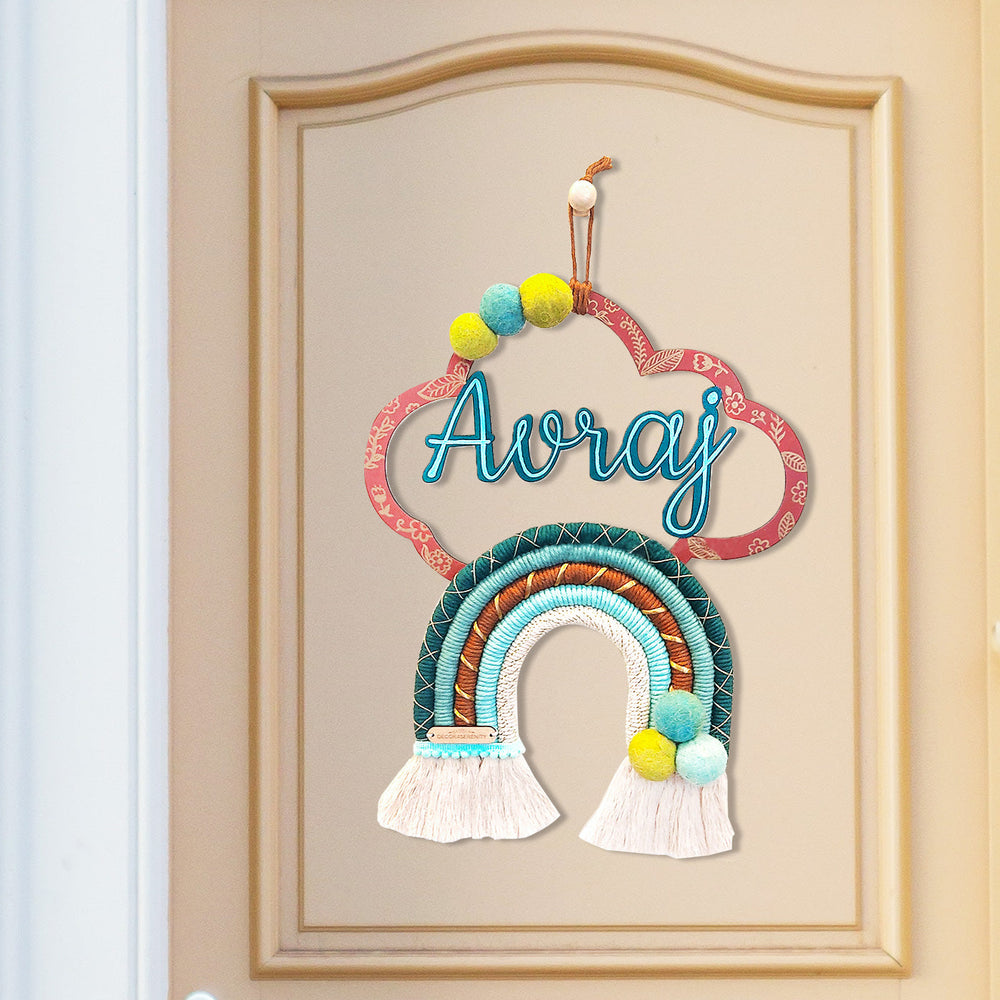 Macrame Cloud Rainbow Personalized Kids Name Plate - Hanging on Door with Name Personalization