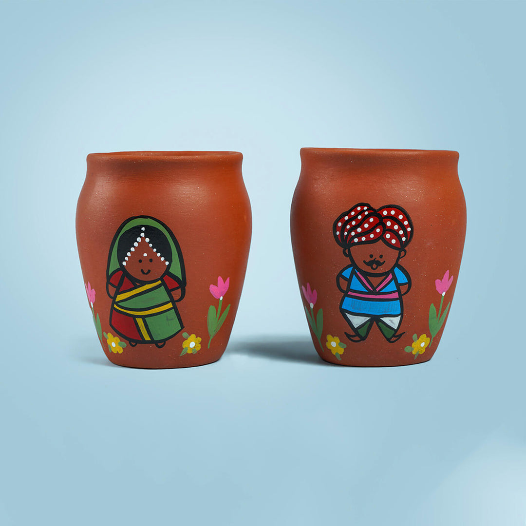 Handpainted Clay Kulhads with Regional Characters For Couples & Wedding Gifts
