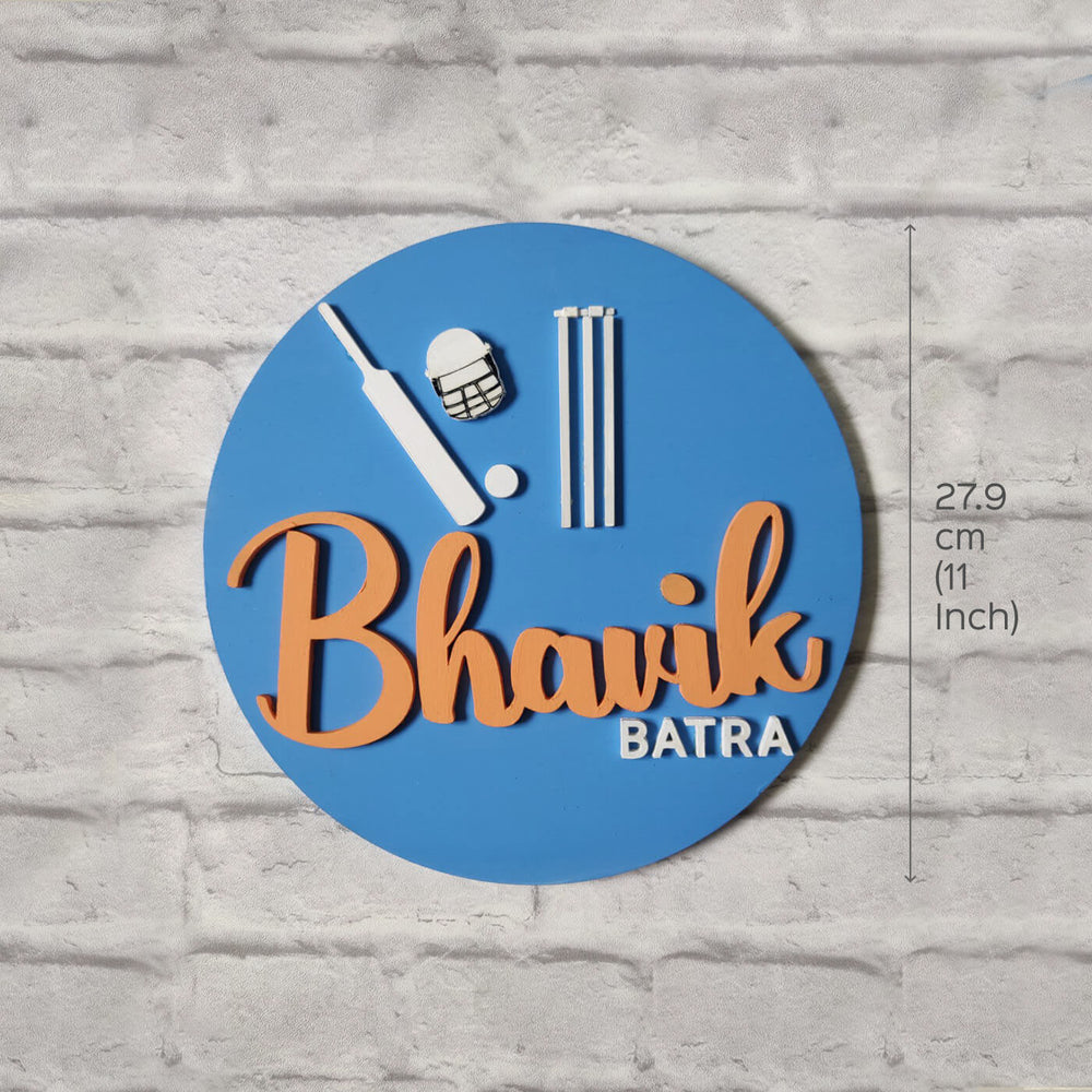 Cricket Theme Personalised Mdf Name Plate - Front View with Dimension Measurement