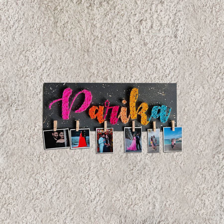 Colourful Personalised String Art Name Plate - Mounted on Wall with Photos Displayed