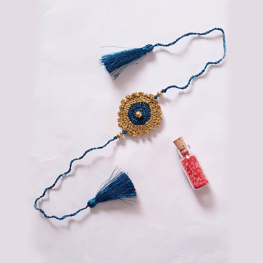 Peacock Blue Gold Bhaiya Lumba Rakhi - Flat Lay Product Display