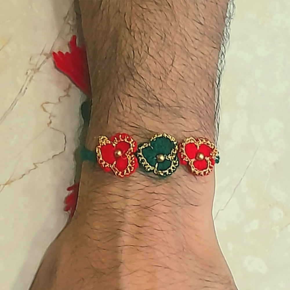 Crochet Rakhi Set Three Flowers - Close-up Wrist View
