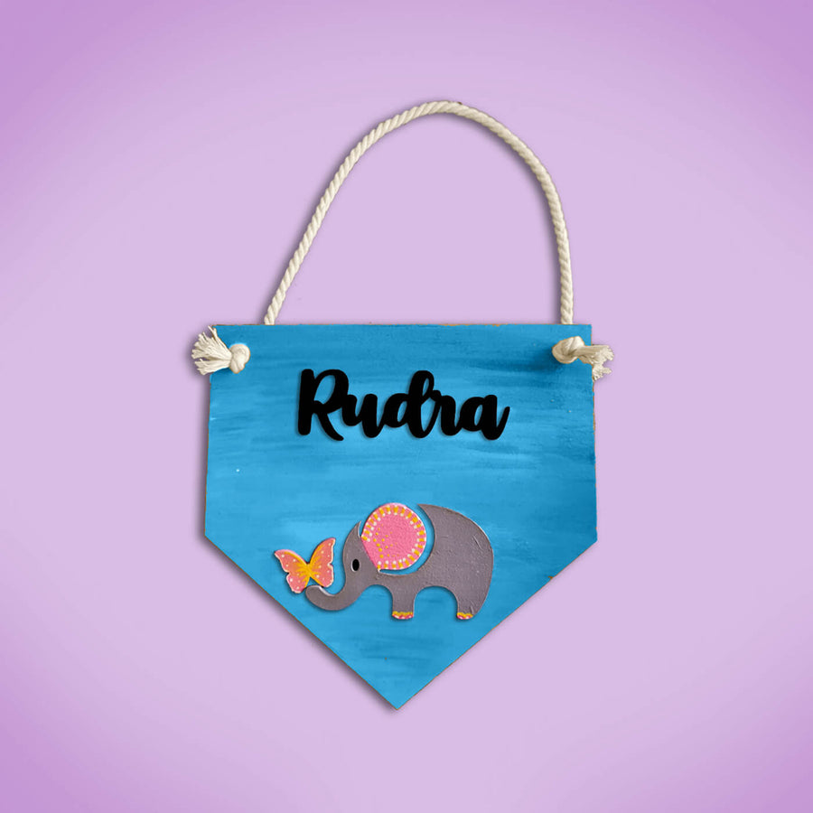 Elephant Name Plate With String For Kids - Name Personalization Example Front View