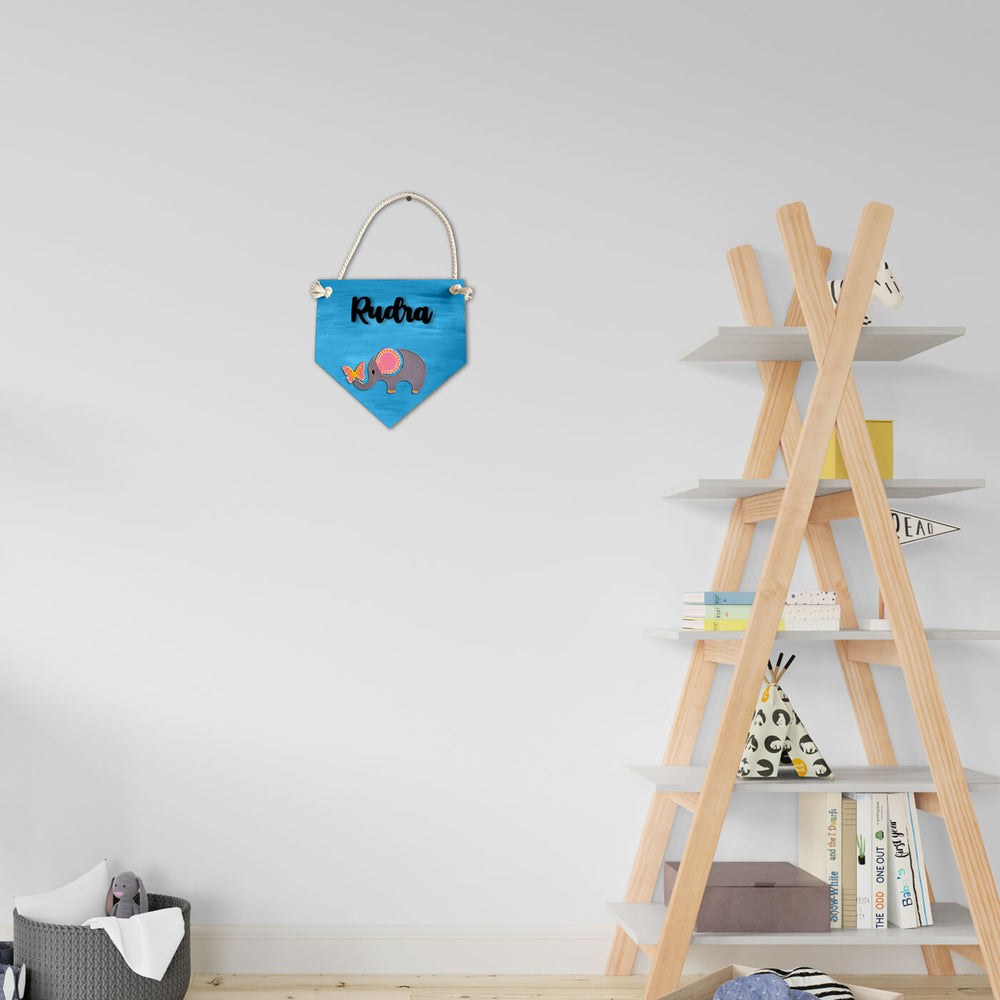 Elephant Name Plate With String For Kids - Hanging on Wall Near Shelf