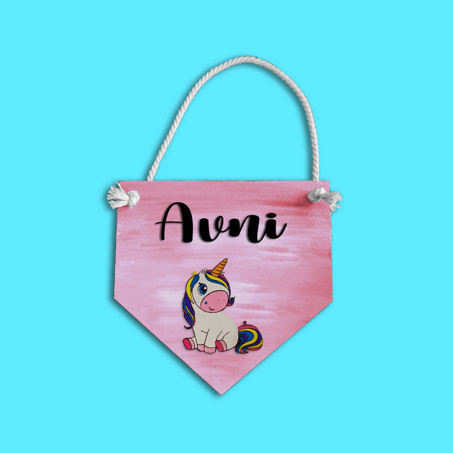 Unicorn Name Plate With String For Kids - Front View Hanging with Rope