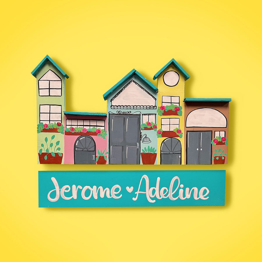 Tiny House Patterned Name Plate For Couples - Front View with Name Personalization