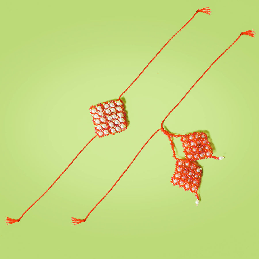 Handcrafted Bhaiya Bhabhi Square Rakhi Set Red - Front View with Two Designs
