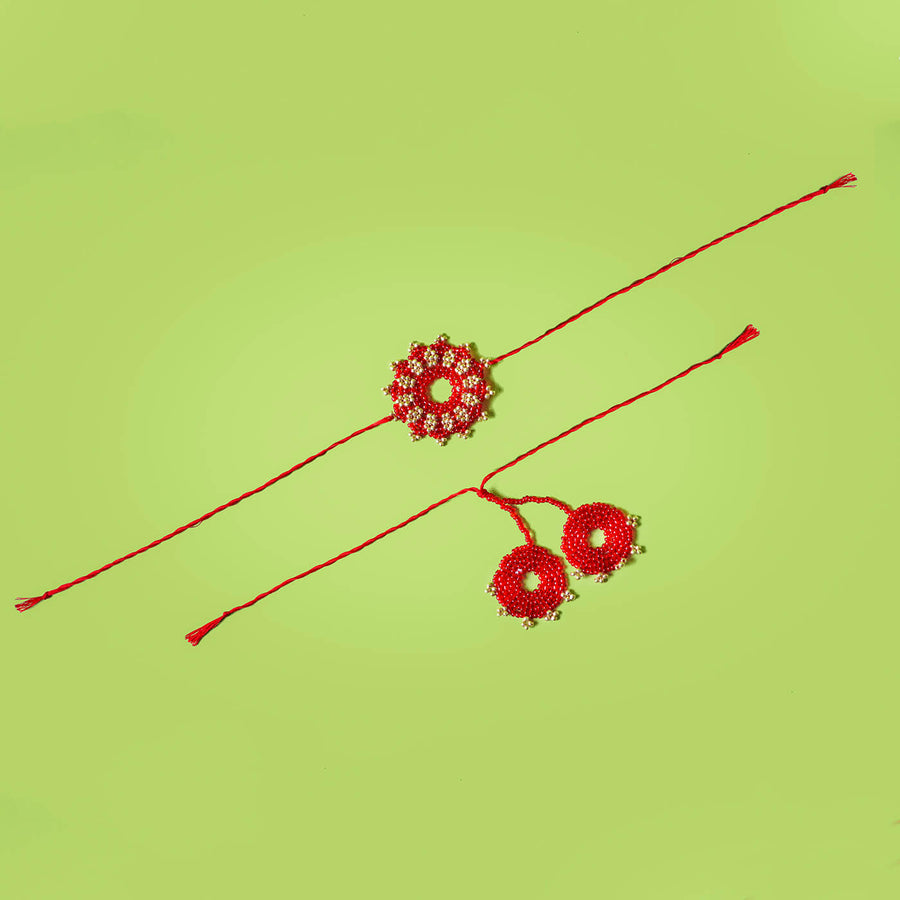 Handcrafted Bhaiya Bhabhi Round Rakhi Set Red - Front View