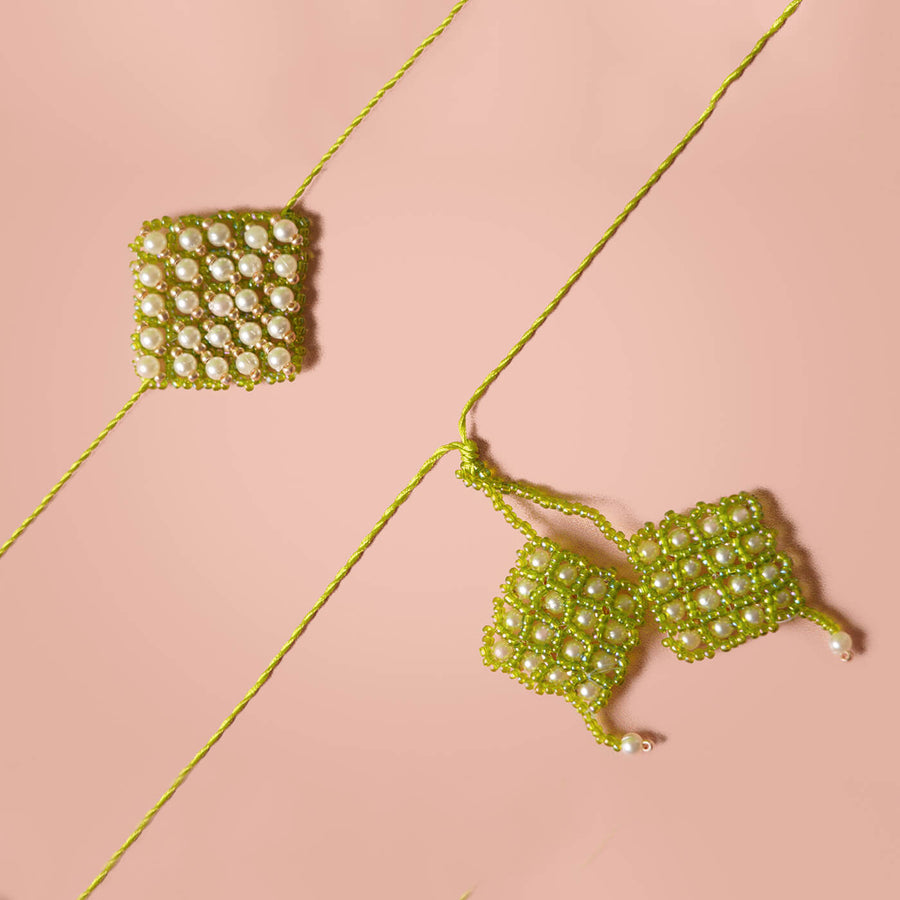 Handcrafted Bhaiya Bhabhi Square Rakhi Set Green - Close-up of square bead pattern