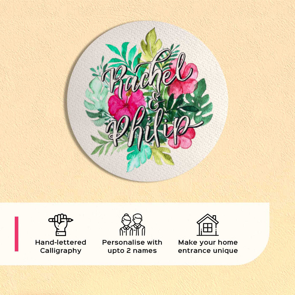 Watercolour Calligraphy Floral Name Plate - Front View with Name Personalization