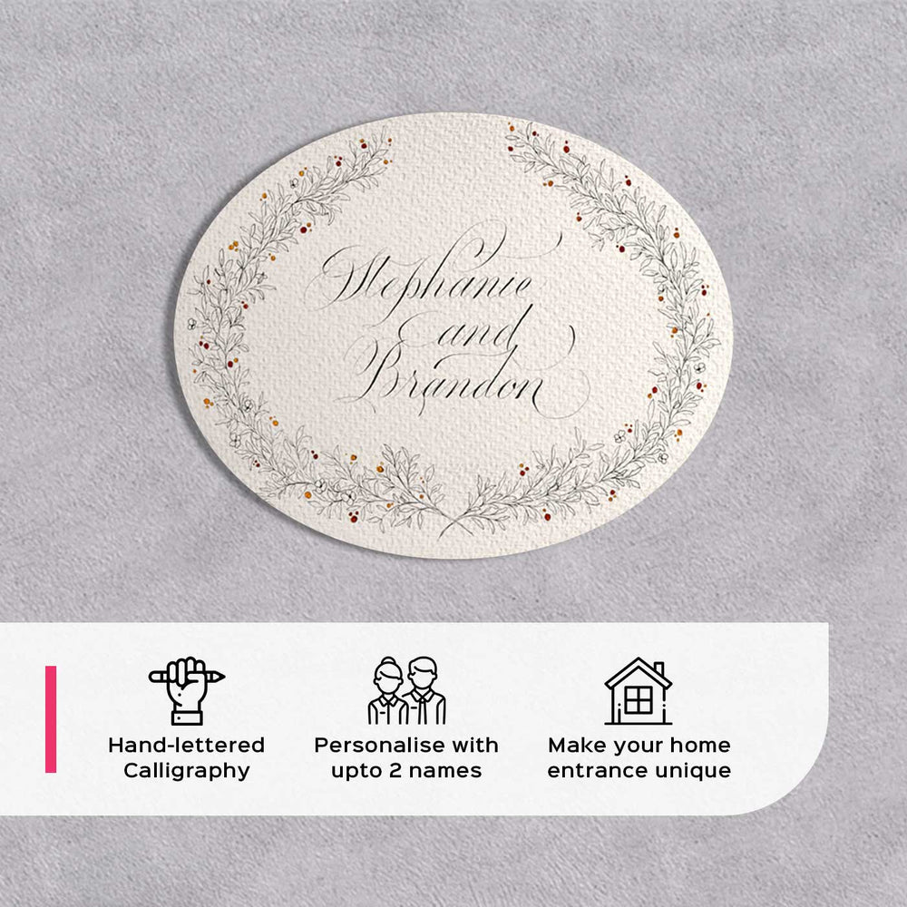 Delicate Calligraphy White Floral Name Plate - Top View Showing Calligraphy Personalization