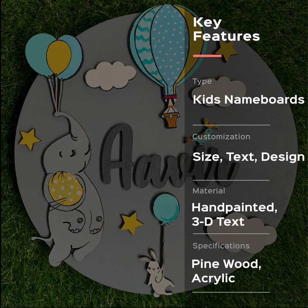 Painted Name Plate For Kids Flying Dumbo - Flat Lay on Grass Background
