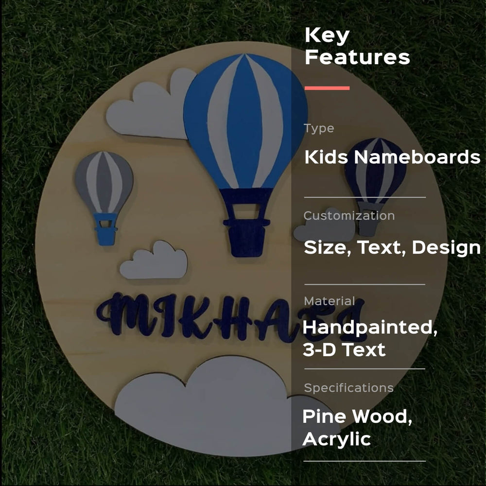 Painted Name Plate For Kids Hot Air Balloon - Front View with Text Overlay