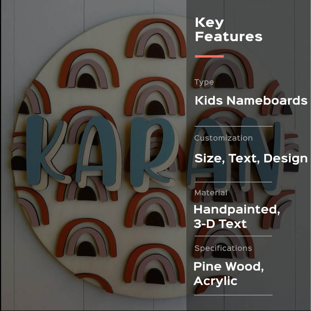 Painted Name Plate For Kids Rainbows - Front View with Personalization Example
