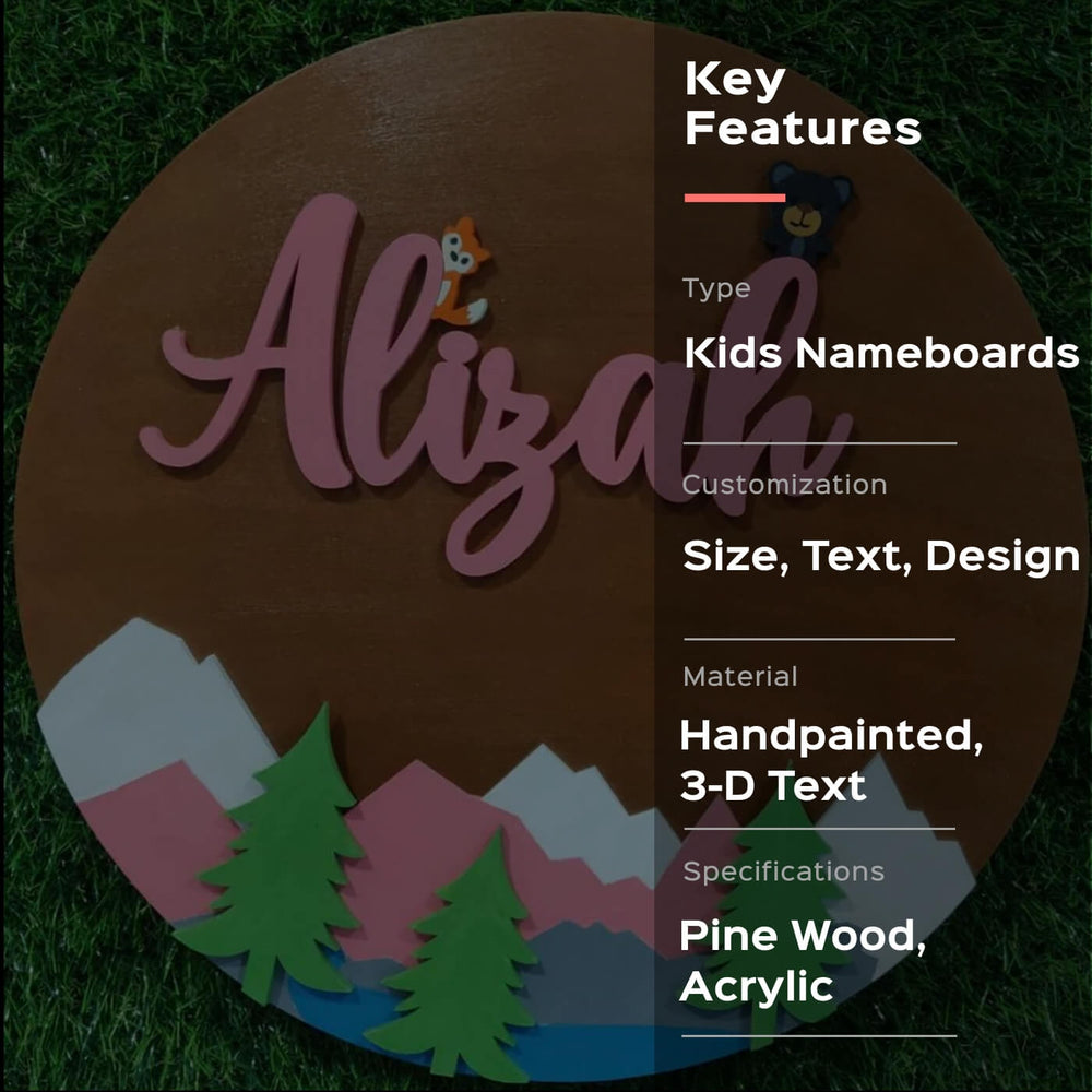 Painted Name Plate For Kids Mountain Peaks - Front View with Text Overlay