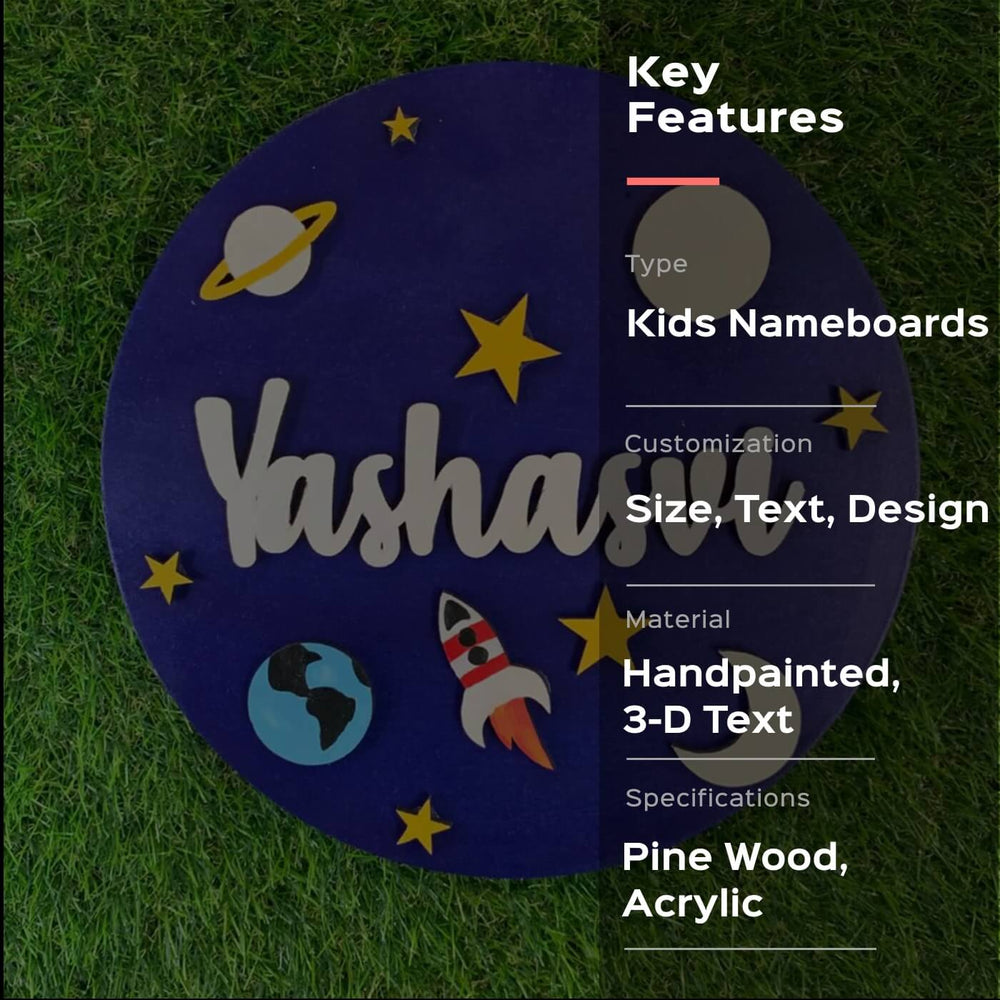 Quirky Painted Name Plate For Kids Space Theme - Name Personalization Example Front View