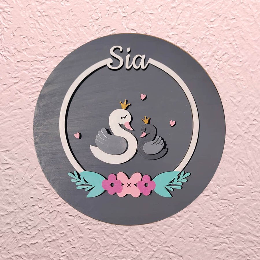 Minimalist Painted Name Plate For Kids Swan - Mounted on Textured Wall