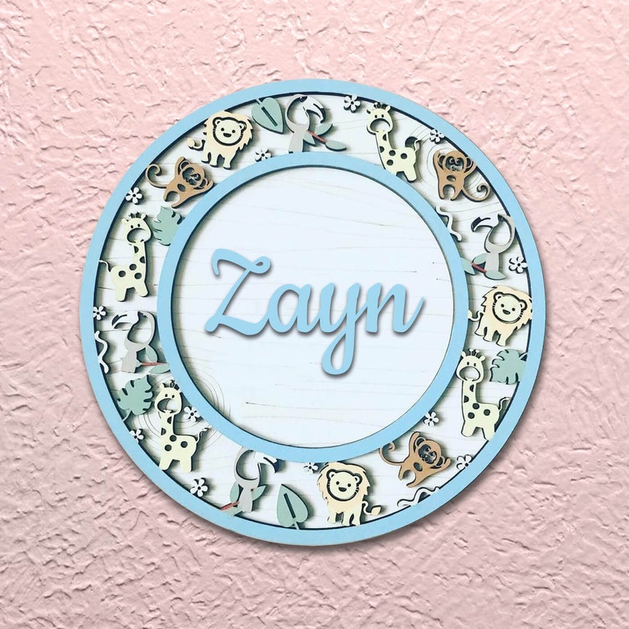 Painted Name Plate For Kids Initial With Animal Border - Name Personalization Example Front View
