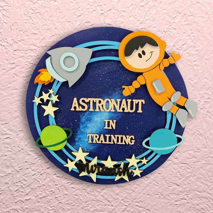 Quirky Painted Name Plate For Kids Astronaut - Front View with Wall Mounting