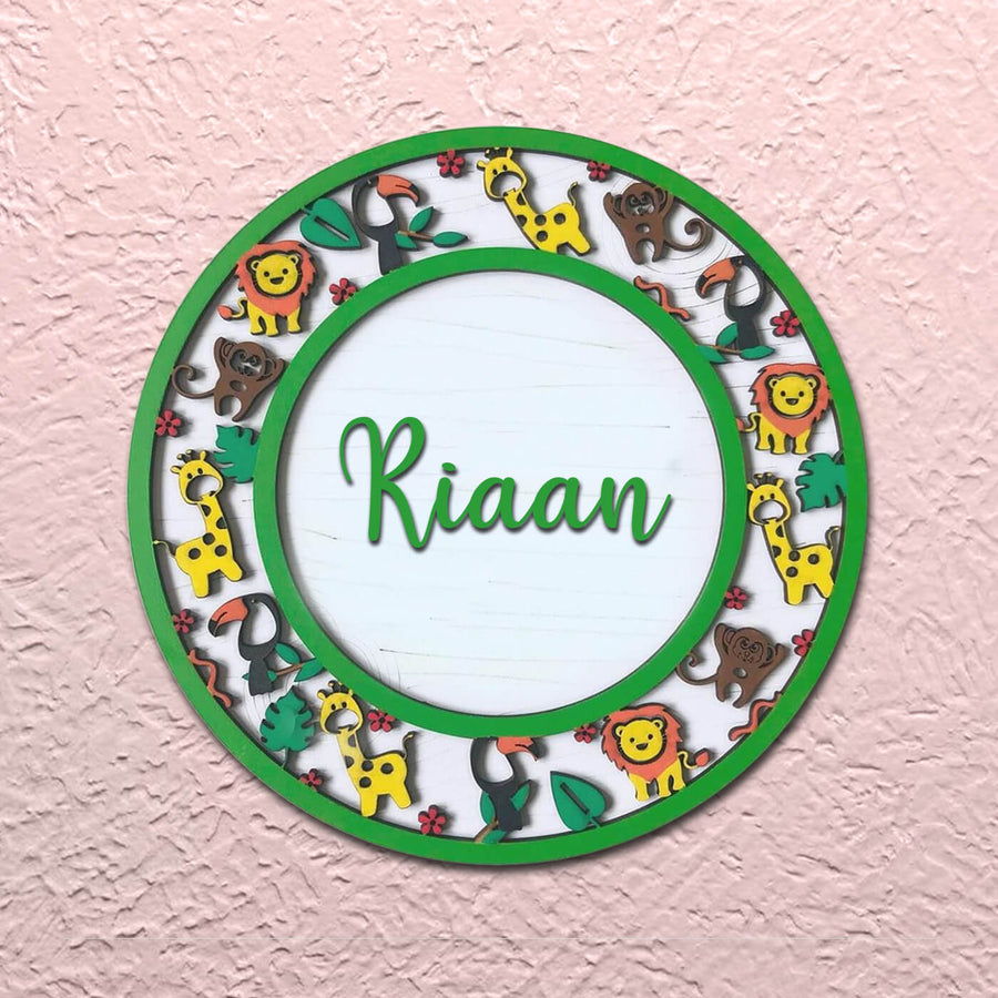 Painted Name Plate For Kids Initial Name With Animal Border - Front View with Name Personalization